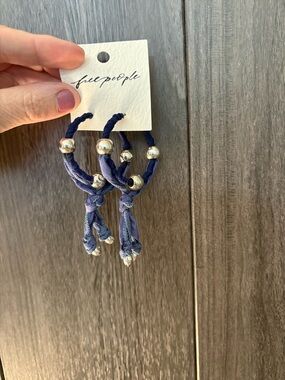 Free People Navy Fabric-Wrapped Hoop Earrings with Silver Beads